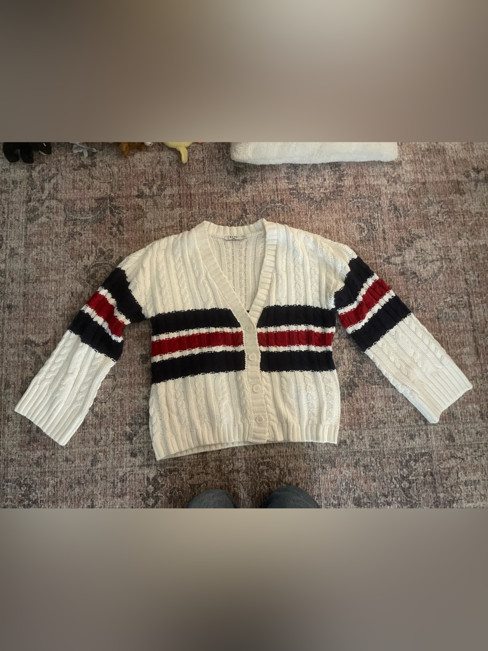 NA-KD Chunky Cream Cable-Knit Cardigan with Navy & Red Stripes